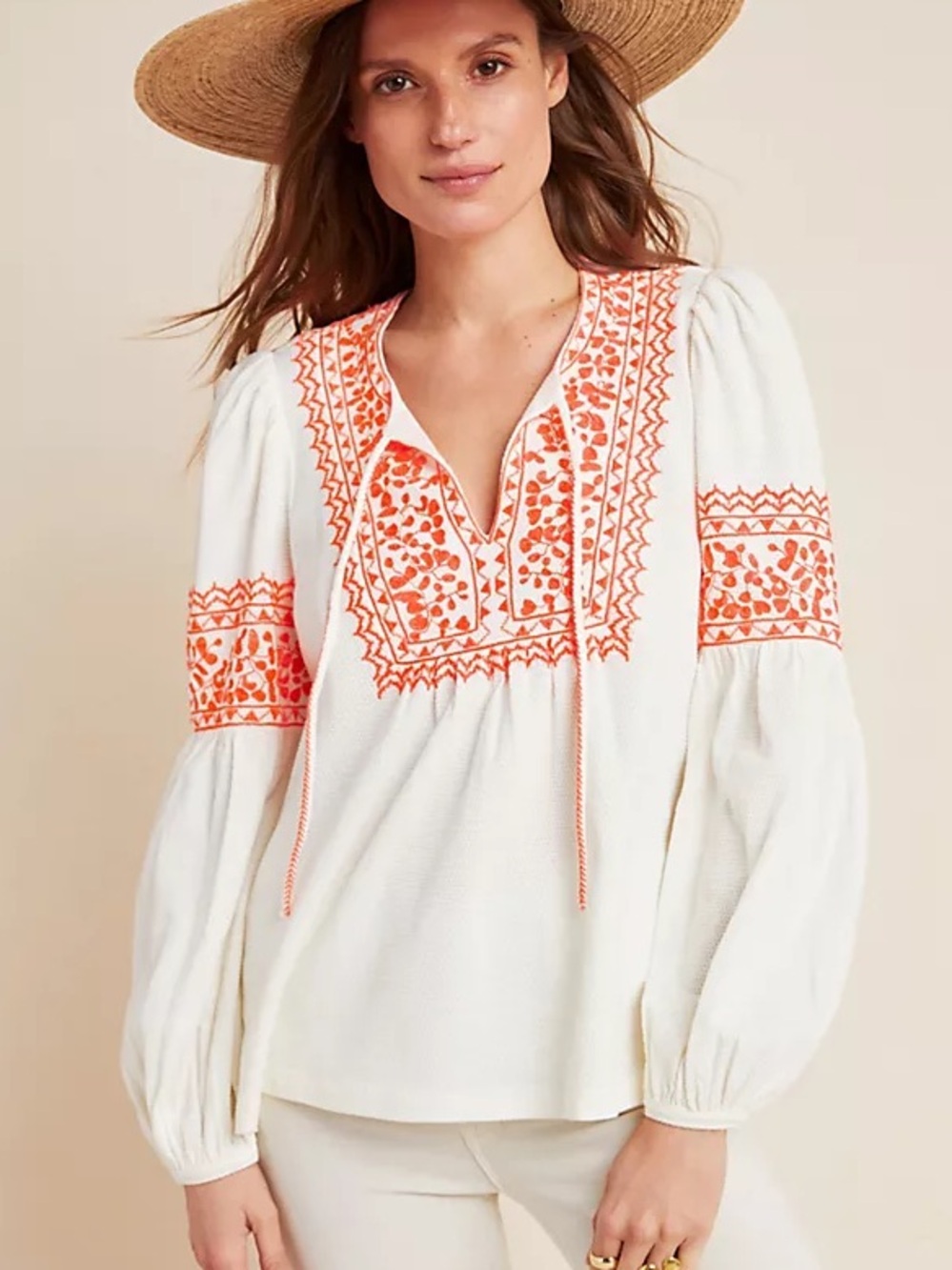 Anthropologie Maeve embroidery Louisa Textured Peasant Cream coral Top medium